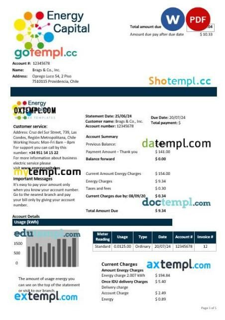 Chile Energy Capital business utility bill template in Word and PDF format