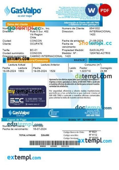 Chile GasValpo business utility bill template in Word and PDF format