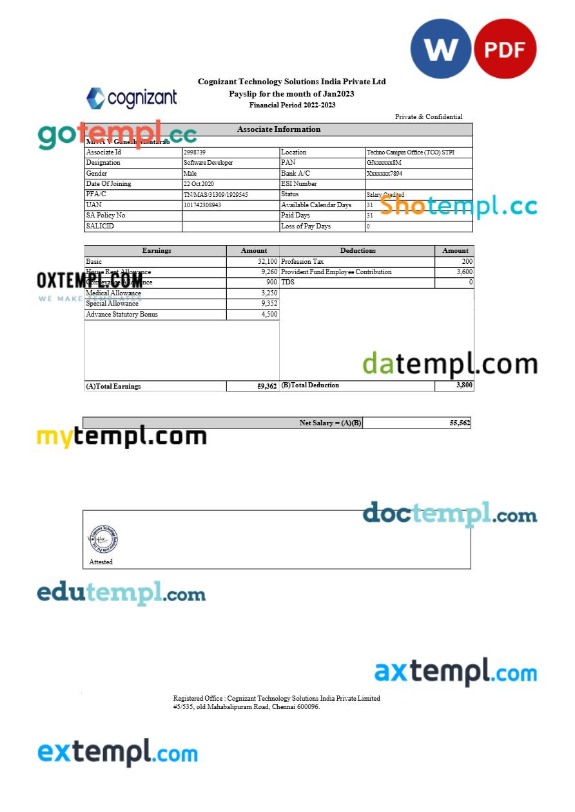 Cognizant Technology Solutions India payslip template in Word and PDF formats