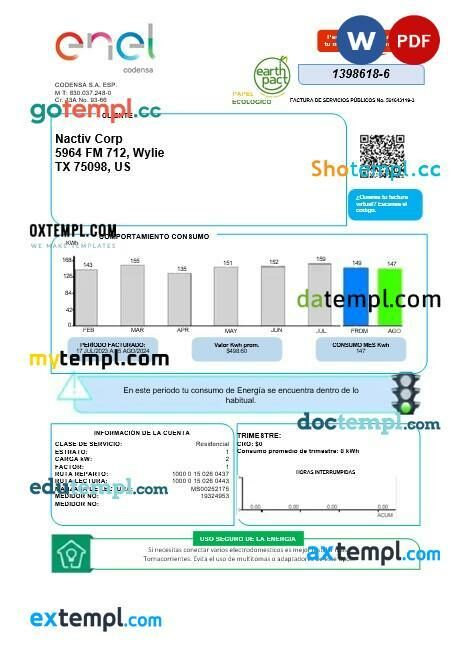 Colombia ENEL energy business utility bill template in Word and PDF format