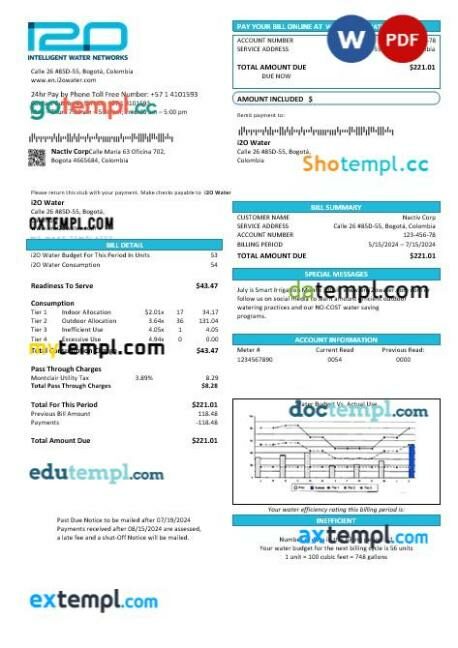 Colombia i2O Water business utility bill template in Word and PDF format