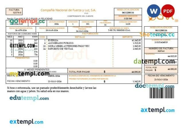 Costa Rica Compania Nacional de Fuerza y Luz, S A CNFL business utility bill template in Word and PDF format