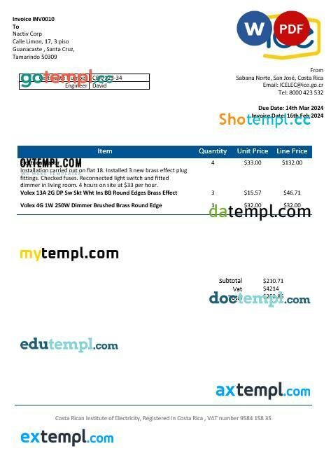 Costa Rica Costa Rican Institute of Electricity business utility bill template in Word and PDF format