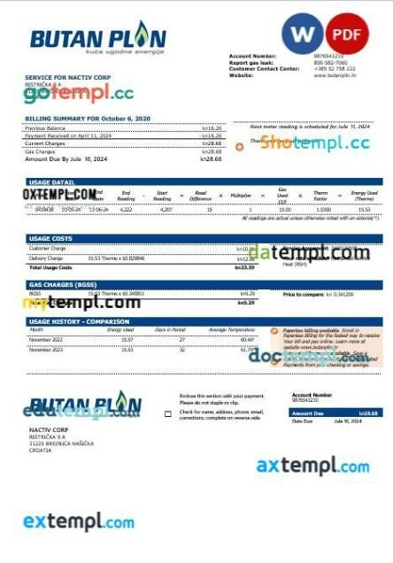 Croatia BUTAN PLIN doo gas business utility bill template in Word and PDF format