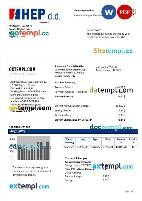 Croatia Hrvatska Elektroprivreda electricity business utility bill template in Word and PDF format