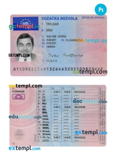 Croatia driving license PSD editable template, 2017-present