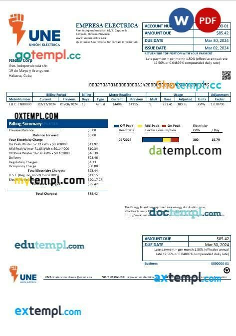 Cuba Empresa Electrica business utility bill template in Word and PDF format