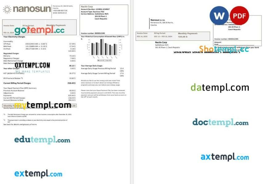 Czech Republic Nanosun sro business utility bill template in Word and PDF format