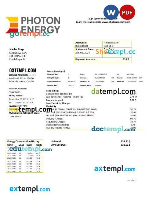 Czech Republic Photon Energy business utility bill template in Word and PDF format