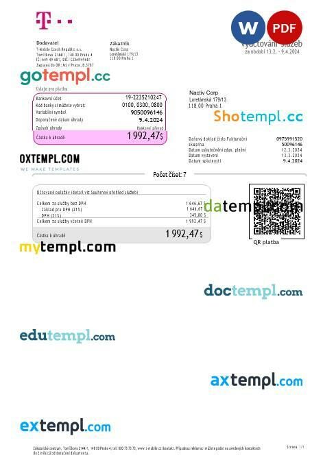 Czech Republic T Mobile business utility bill template in Word and PDF format