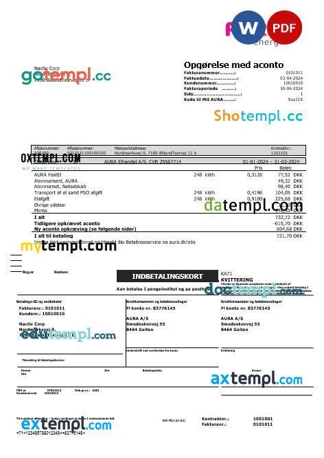 Denmark AURA Energi business utility bill template in Word and PDF format