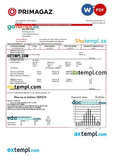 Denmark Primagaz Denmark gas business utility bill template in Word and PDF format