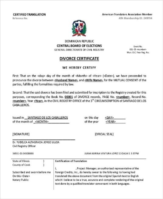 Dominican Republic General directorate of civil registry divorce certificate template in PSD format
