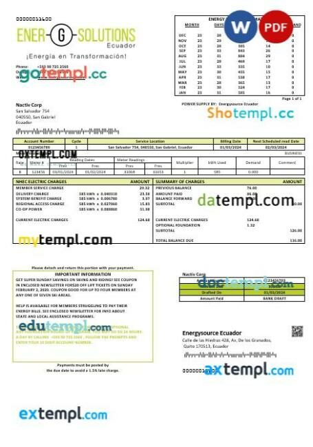 Ecuador Energysource Ecuador energy business utility bill template in Word and PDF format