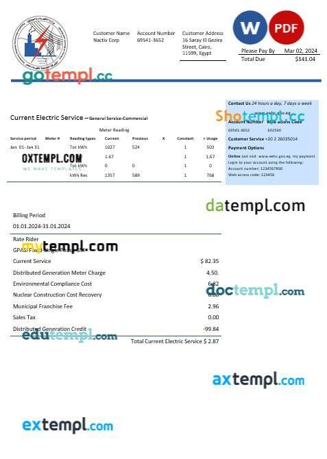 Egypt Egyptian Electricity business utility bill template in Word and PDF format