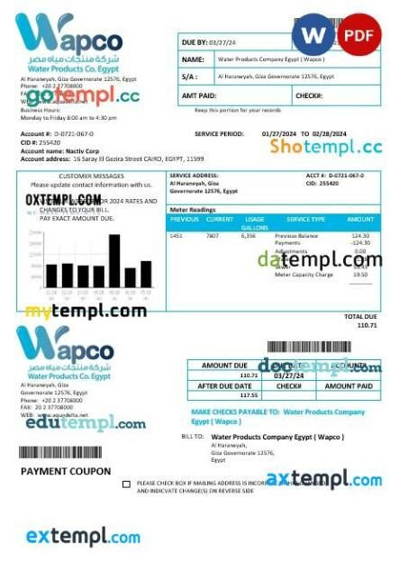 Egypt Water Products Company Egypt Wapco business utility bill template in Word and PDF format