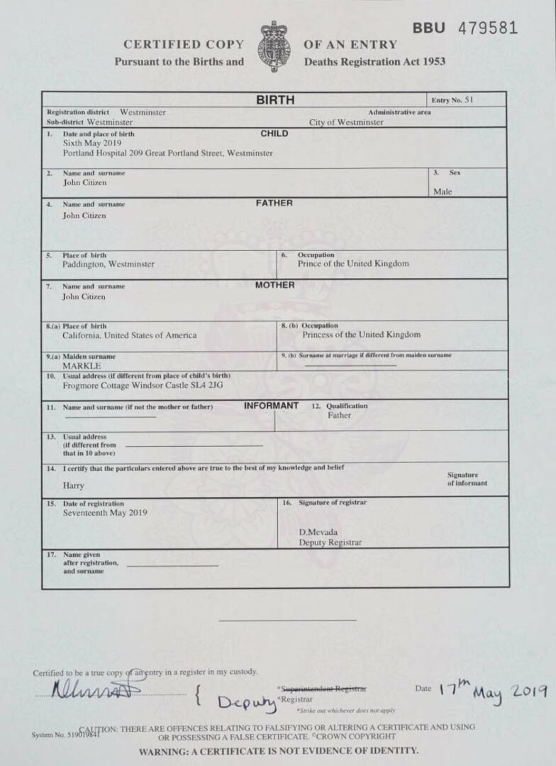 England Births and Deaths Registration birth certificate template in PSD format