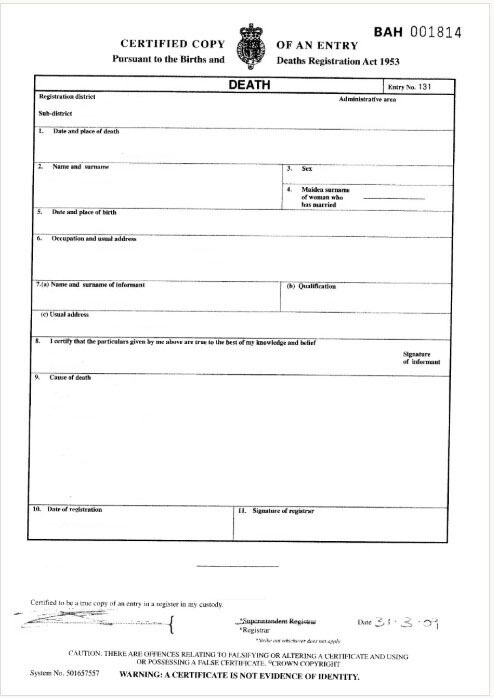 England General Register of London death certificate template in PSD format