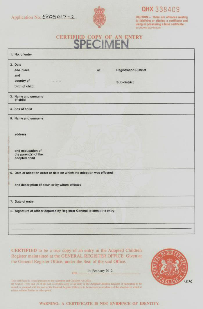 England General register office adoption certificate template in PSD format