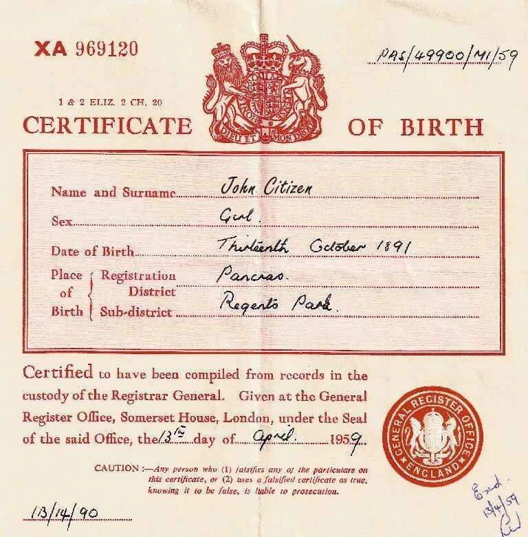 England Register office of London birth certificate template in PSD format