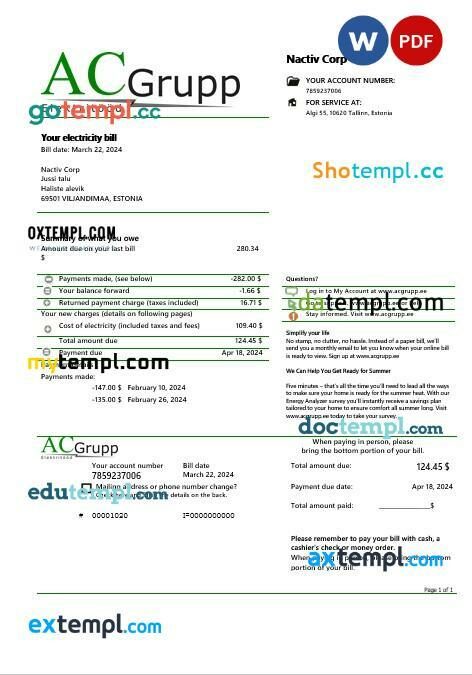 Estonia AC Grupp OÜ electricity business utility bill template in Word and PDF format