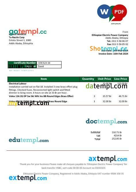 Ethiopia Ethiopian Electric Power Company electricity business utility bill template in Word and PDF format