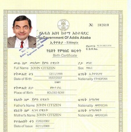 Ethiopia Government of Addis Ababa birth certificate template in PSD format
