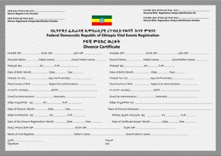 Ethiopia Vital events registration divorce certificate template in PSD format