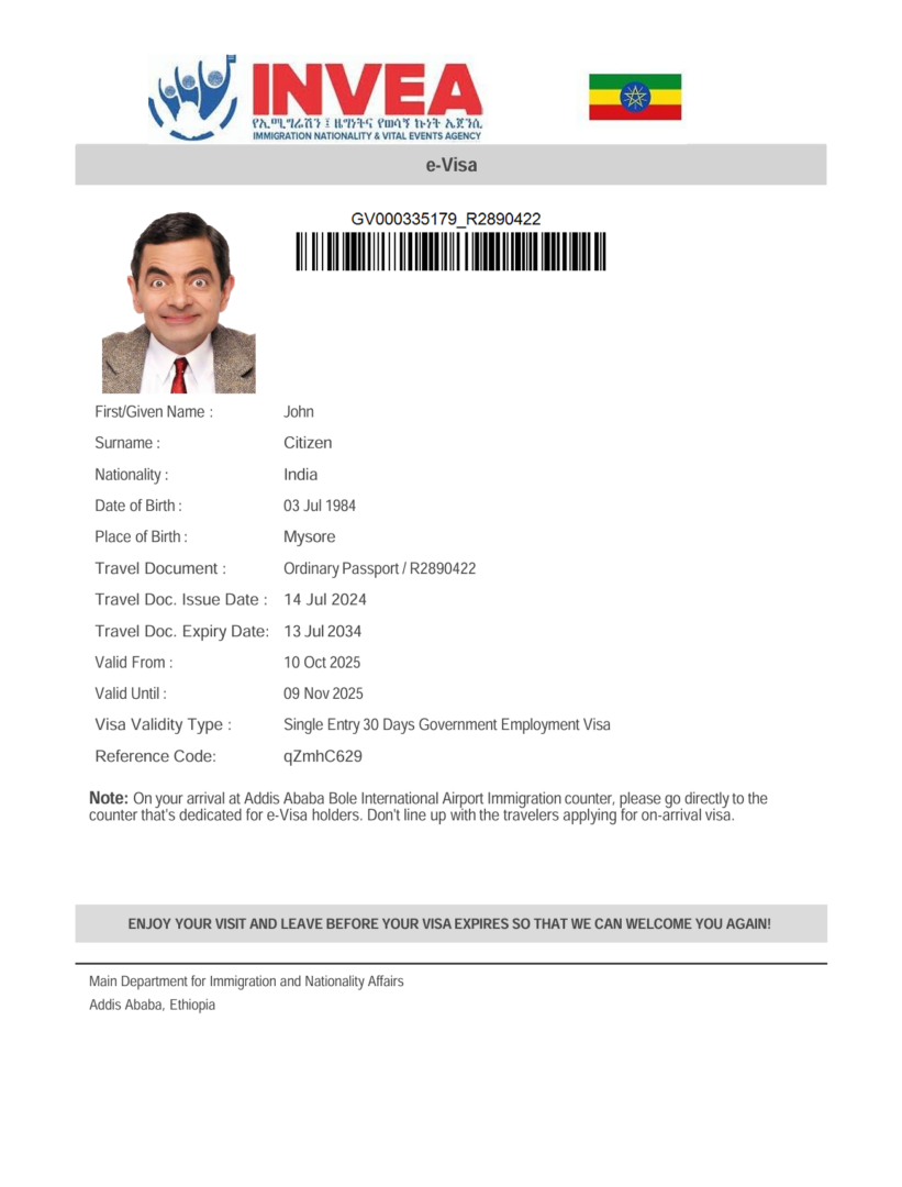 Ethiopia e-visa template in Word and PDF formats
