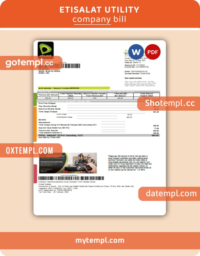 Etisalat utility business bill template in Word and PDF format