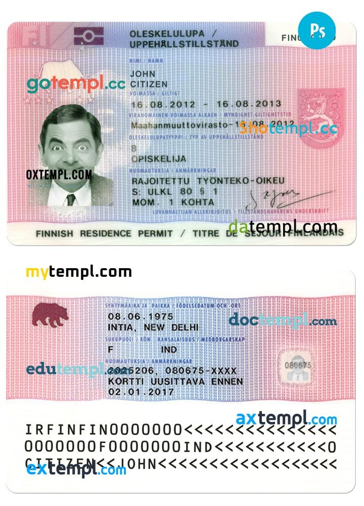 Finnish residence permit PSD example, with fonts