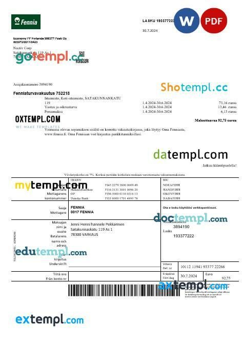 Finland Fennia Insurance company business bill template in Word and PDF format