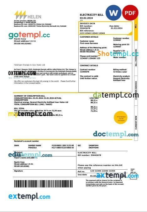 Finland HELEN business utility bill template in Word and PDF format