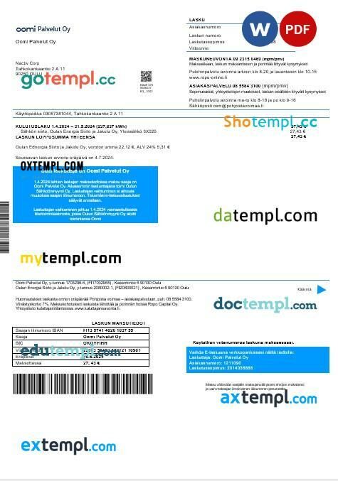 Finland Oomi Palvelut Oy electricity business utility bill template in Word and PDF format