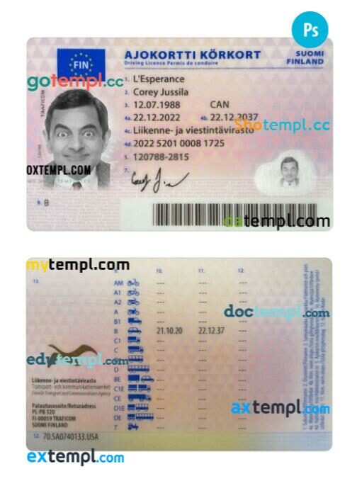Finland driving license PSD editable template, 2022-present