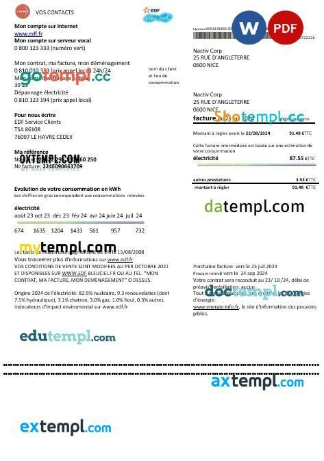 France EDF proof of address business utility bill template in Word and PDF format