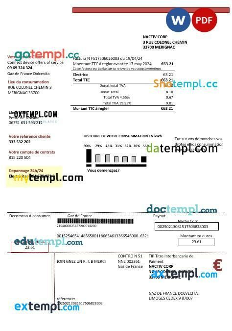 France Gaz de France Dolcevita business utility bill template in Word and PDF format