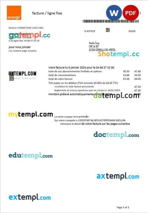 France Orange business utility bill template in Word and PDF format