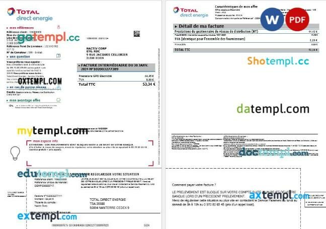 France Total Direct Energie business utility bill template in Word and PDF format