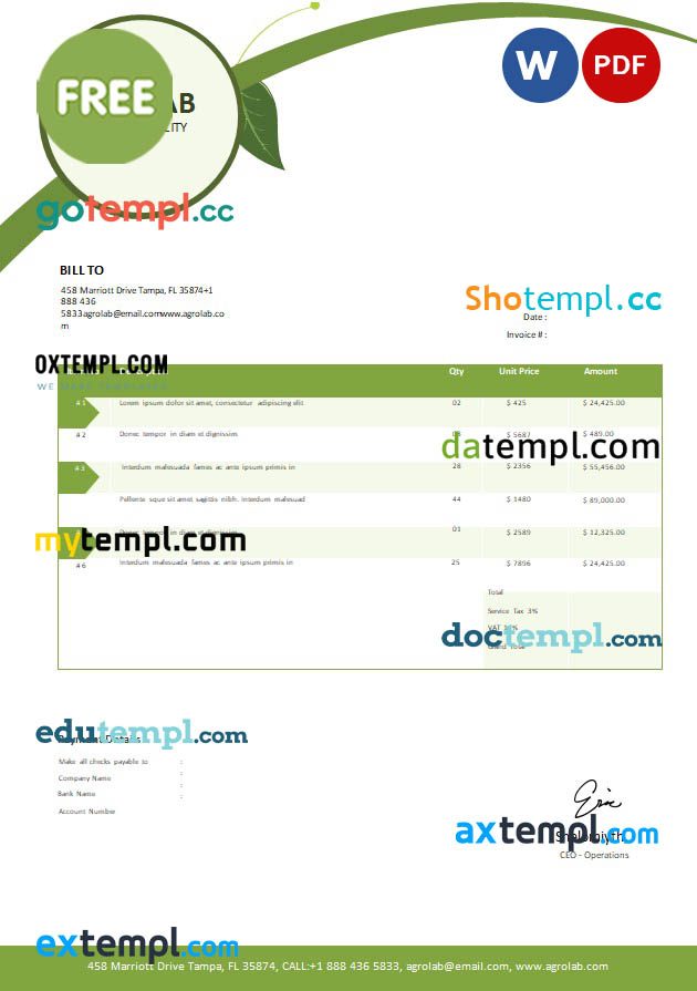 free download Free Agriculture Invoice example in word and pdf format