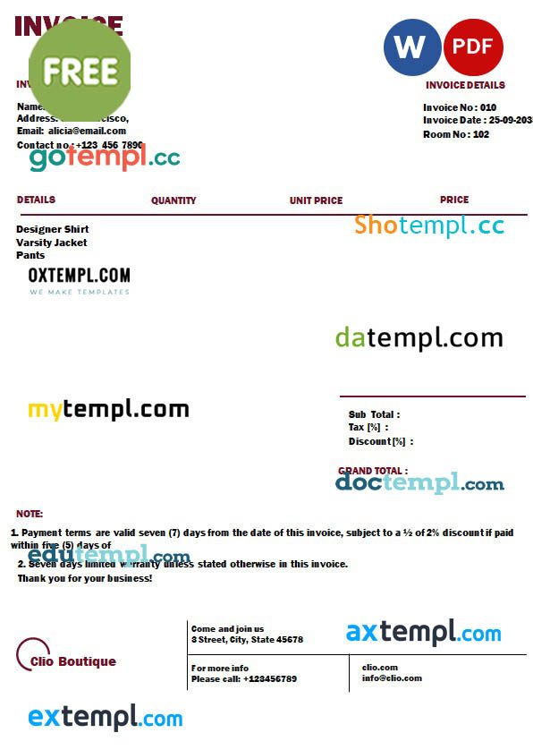 free download Free Boutique Invoice example in word and pdf format