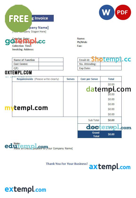 free download Free Catering Invoice example in word and pdf format