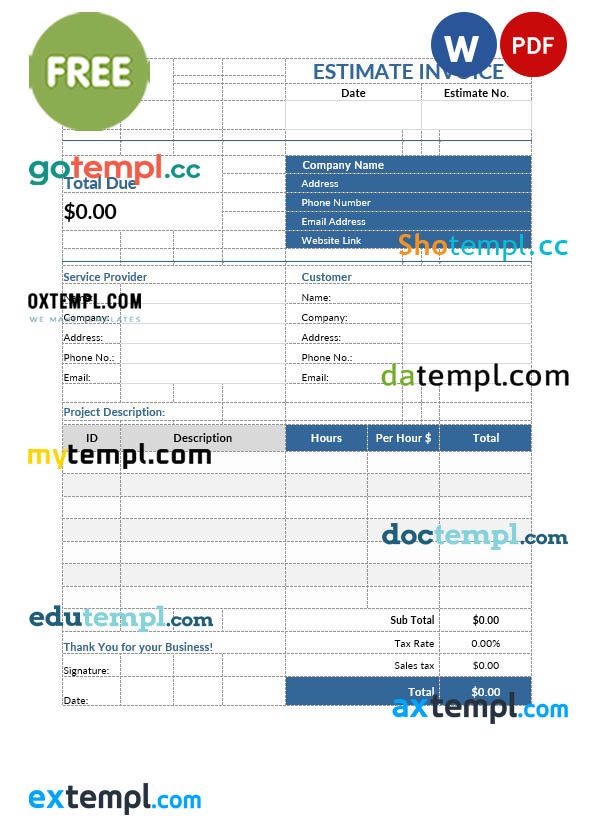 free download Free Estimate Invoice example in word and pdf format