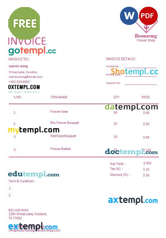 free download Free Florist Invoice example in word and pdf format