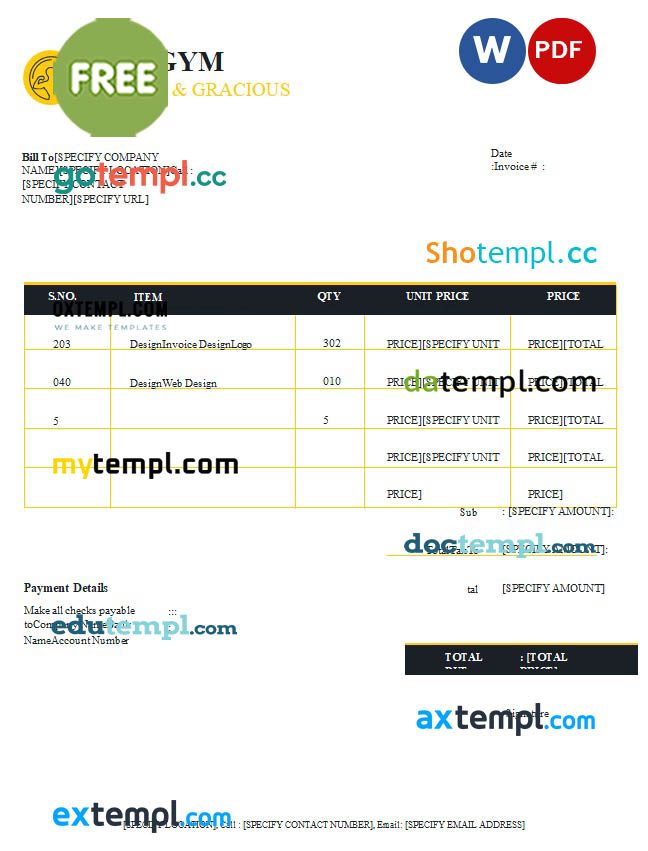 free download Free Gym Invoice example in word and pdf format