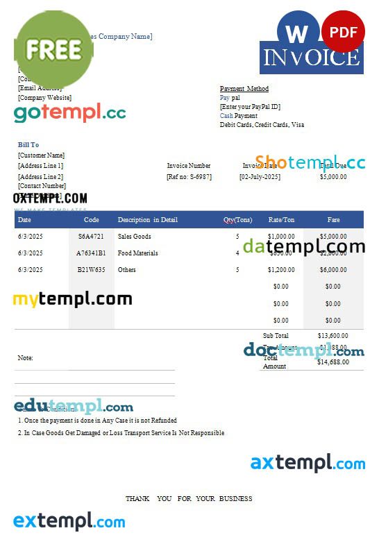 free download Free Transportation Invoice example in word and pdf format
