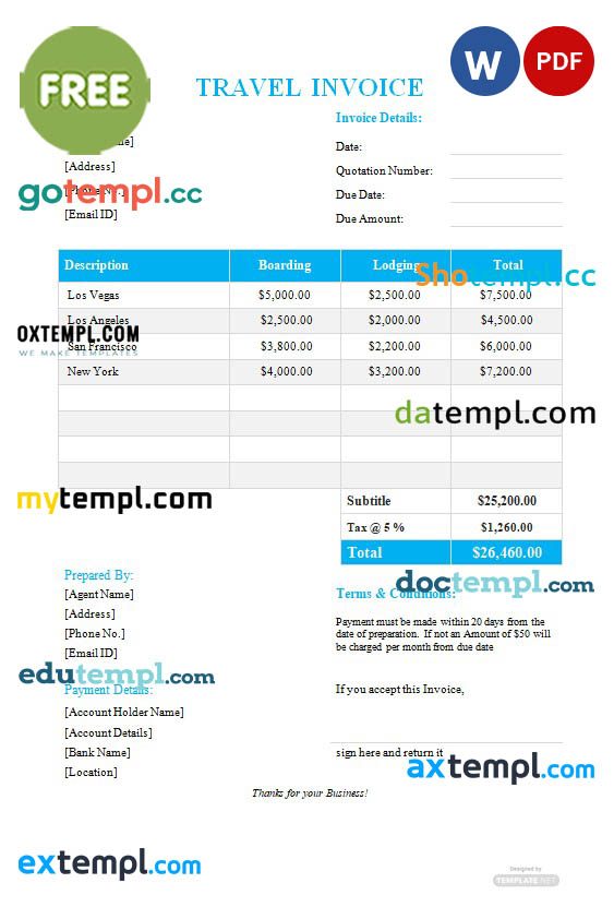 free download Free Travel Invoice Format example in word and pdf format