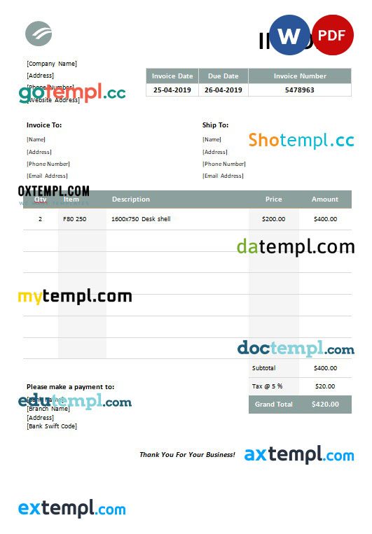 Furniture Invoice example in word and pdf format