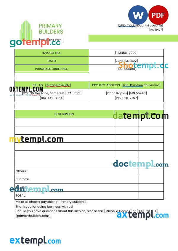General Contractor Invoice example in word and pdf format
