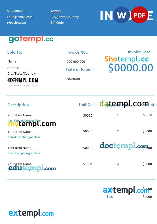 Generic Commercial Invoice example in word and pdf format